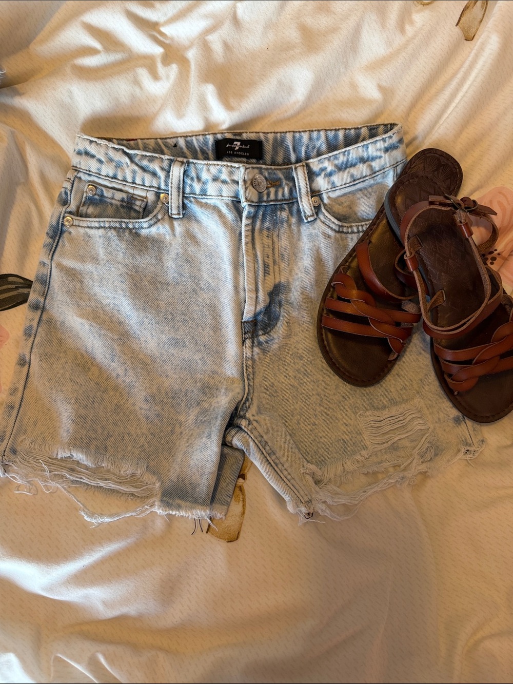 7 For All Mankind Light Blue Acid Wash Denim Shorts